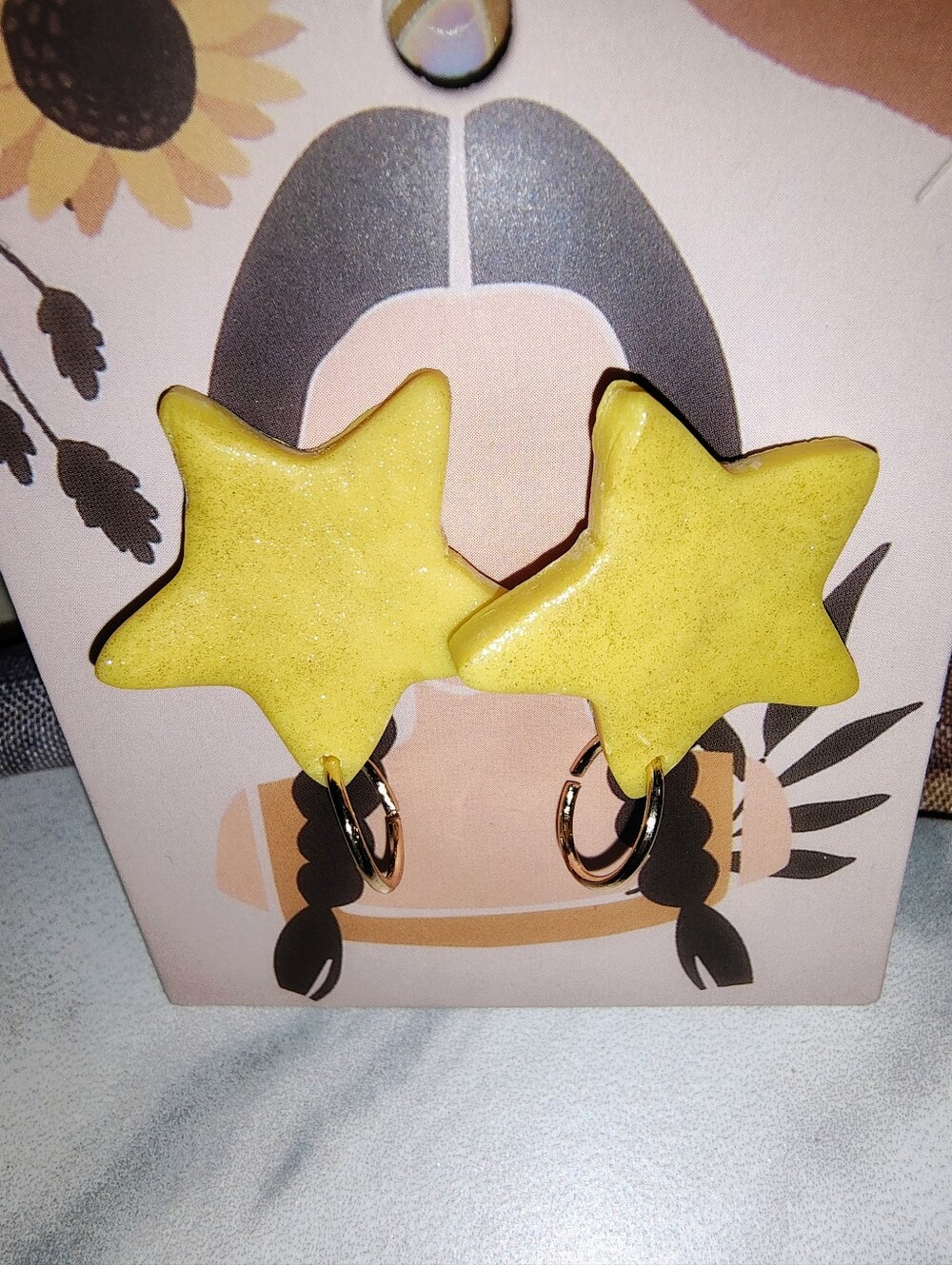 Yellow Star Hoop Accent Earrings - Cute Star Studs